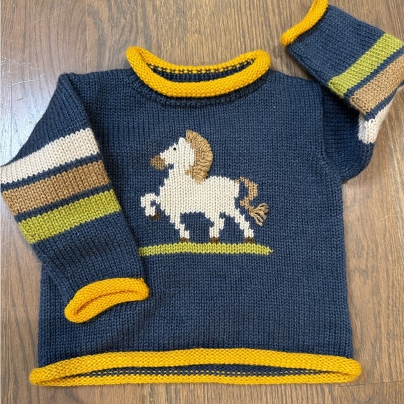 Alpaca Sweater Knit Kids horse blue Roll Neck yellow Preppy Size 2-3 B33 - Picture 5 of 7